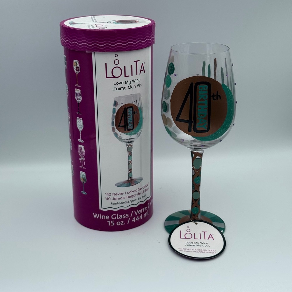 Lolita 40th Birthday Wine Glass Hand Painted 15oz Teal Brown Silver New in Box